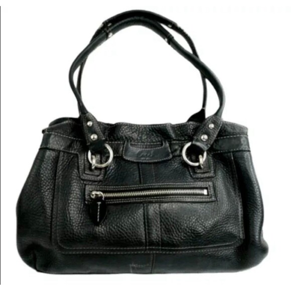 Coach Penelope Black Pebble Leather Leaf Zipper Medium Satchel Tote Bag Purse - Picture 1 of 11